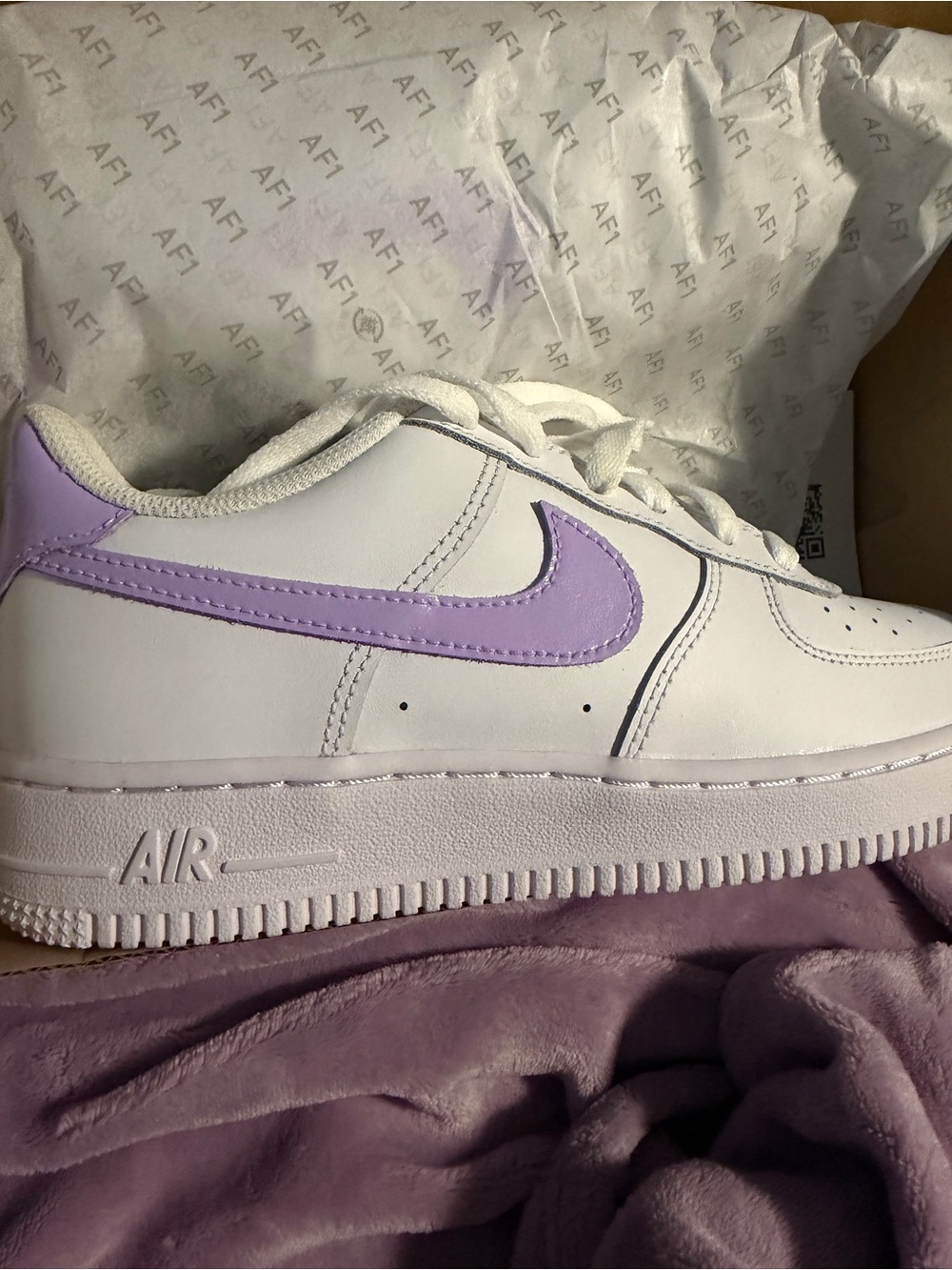 Nike Women’s Air Force 1 Low — White with Lavender Swoosh